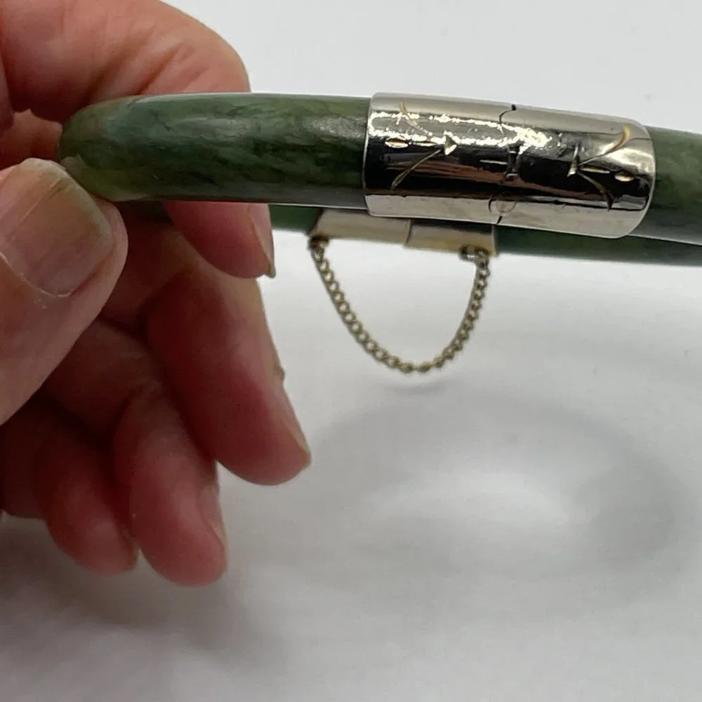 Vintage Spinach Green Nephrite Jade Bangle Bracelet Hinged 10K Gold Plate Caps